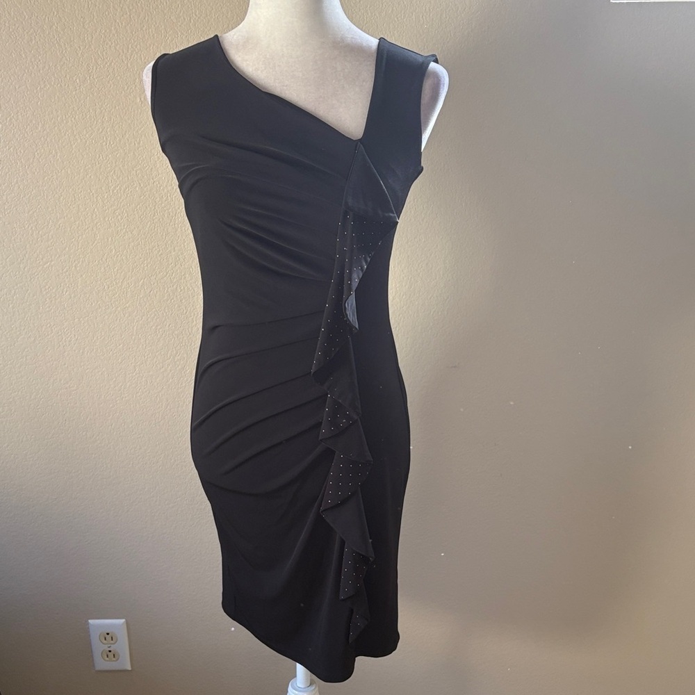 Enfocus Studio Black One Shoulder Ruffle Dress with Gold Beaded Detail-Size 6